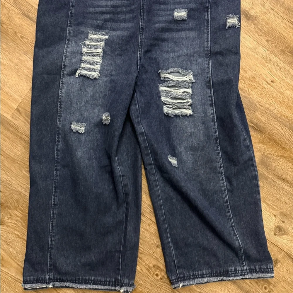 Wide Leg Distressed Oversized Jean Overalls - Picture 3 of 14